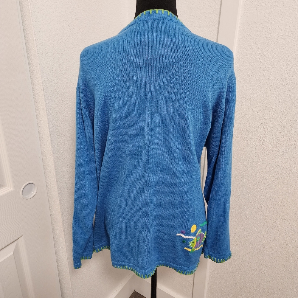 Vintage Quacker Factory Blue Tropical Seashort Cardigan Sweater - Picture 4 of 9